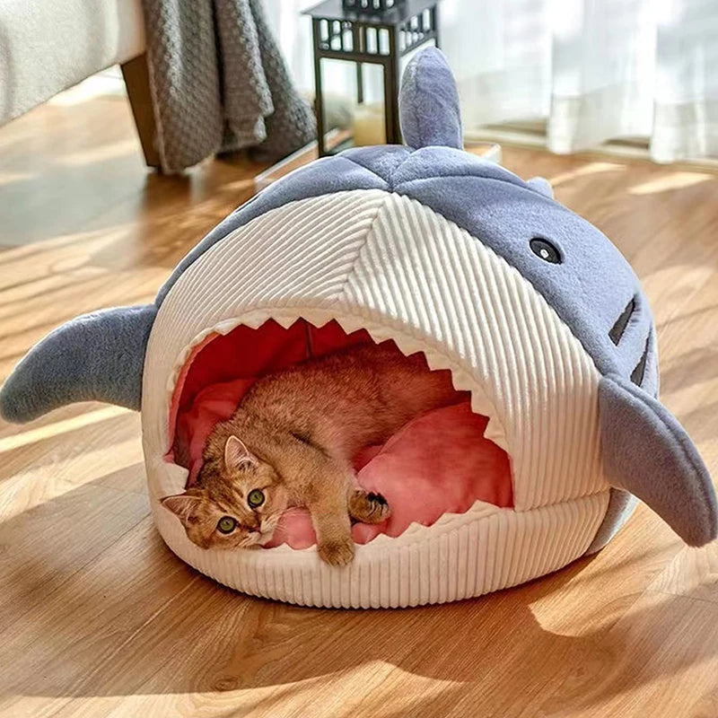 Cozy Cartoon Shark Pet Cave Bed