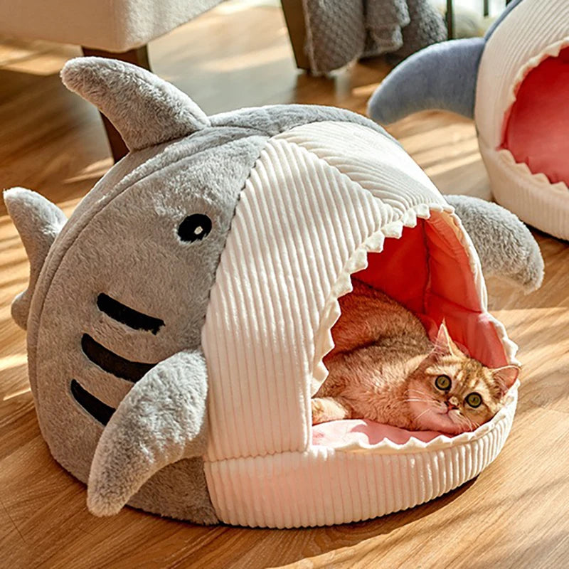 Cozy Cartoon Shark Pet Cave Bed