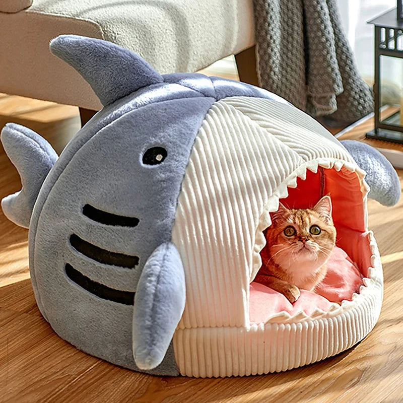 Cozy Cartoon Shark Pet Cave Bed